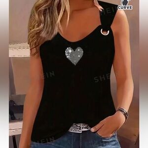 Black Silver Sequin Heart Tank Top w/ Silver Grommets on Shoulders!!!